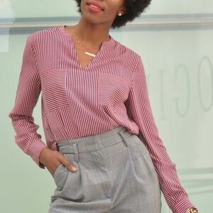 CAbi #5335 Striped Franklin V Neck Blouse